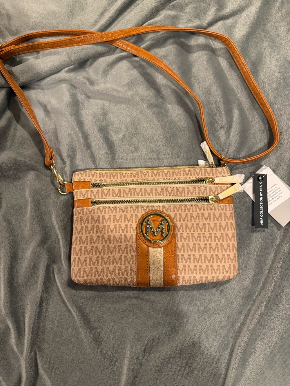 Monogram Crossbody Bag in Tan and Beige by MKF Collection